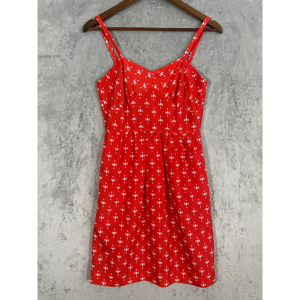 J.Crew Dress Sz 2 Red White Ikat Print‎ Mini V-Neck Sleeveless Pockets Summer